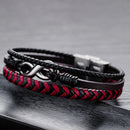Leather Woven Titanium Steel Red And Black Color Leather Male Bracelet