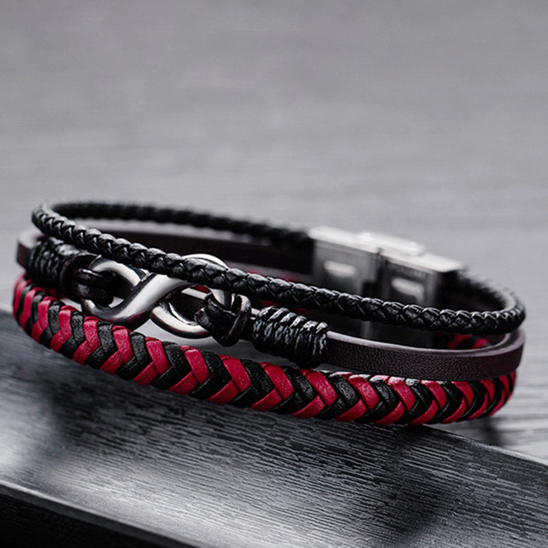 Leather Woven Titanium Steel Red And Black Color Leather Male Bracelet