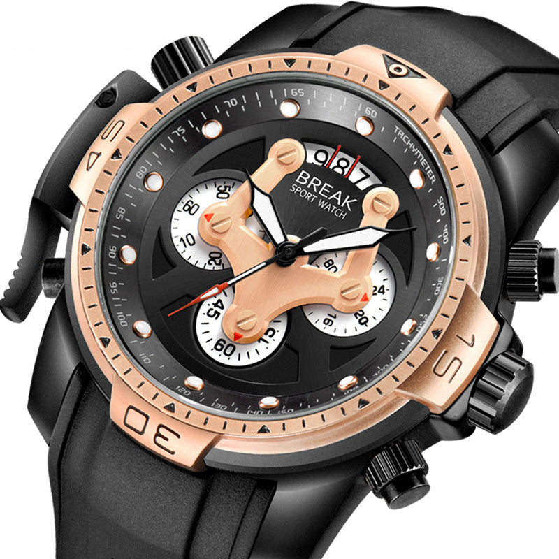 BREAK 5601 Multifunction Men Watch Military Style Rubber Strap Quartz Movement Watch
