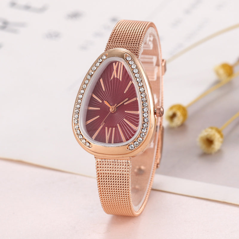 Crystal Case Triangle Dial Simple Design Full Stell Mesh Belt Women Quartz Watch