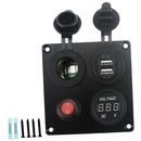 4 Functions Panel Dual USB Charger Blue LED Voltmeter Power Outlet ON-OFF Switch