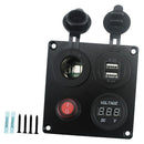 4 Functions Panel Dual USB Charger Blue LED Voltmeter Power Outlet ON-OFF Switch