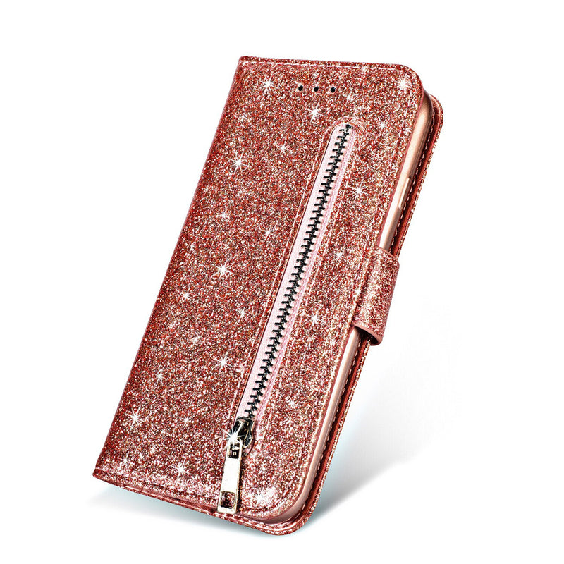 Bling Glitter Luxury Flip PU Leather Zipper Wallet Phone Bag with Multi Card Slots Stand Protective Case for iPhone 11 / iP XR / iP 7 / iP 8