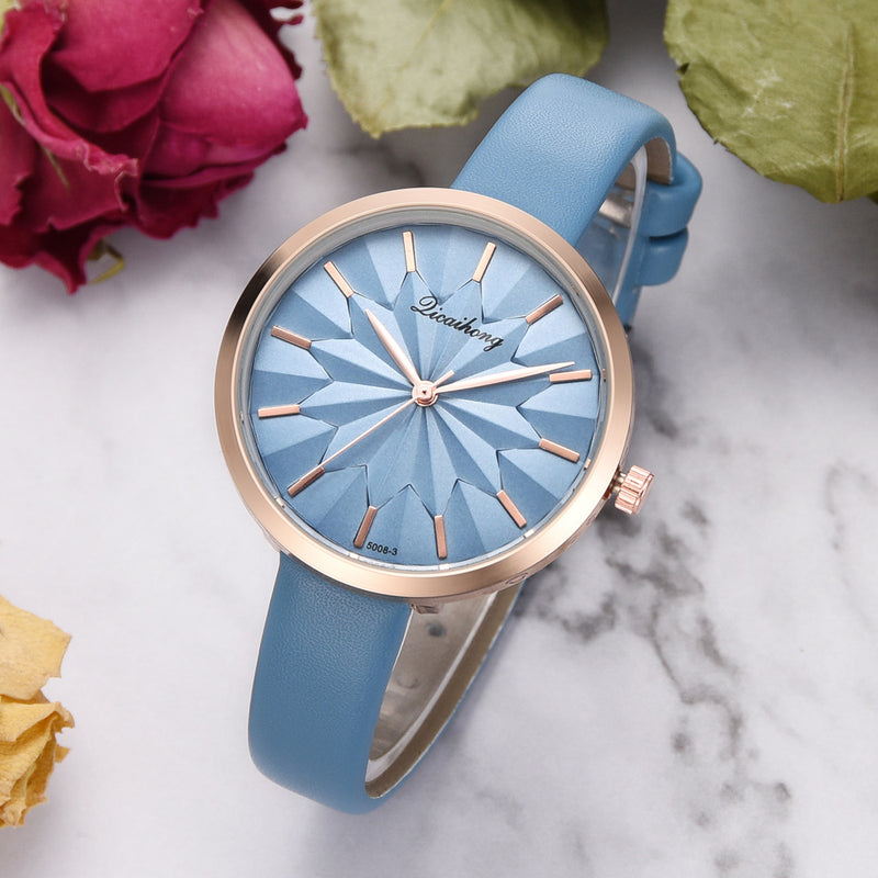 Colorful Leather Strap Simple Dial Fashion Gold Needle Ladies Dress Women Quartz Watch