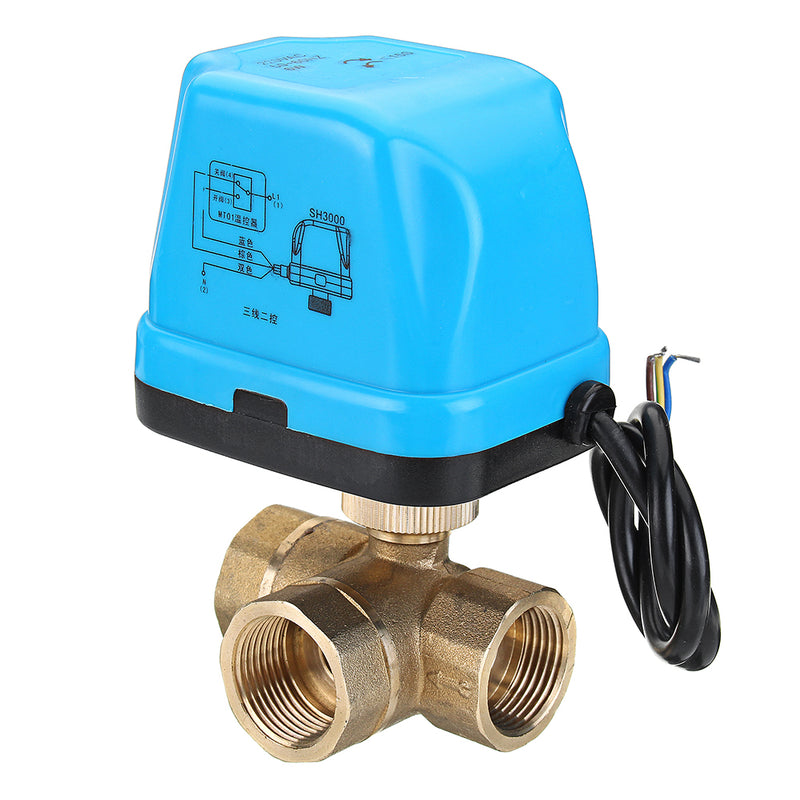 TMOK 1/2" 3/4" 1" Blue Shell 3 Way Motorized Electric Brass T Ball Valve 3 Wire AC 220V Full Port