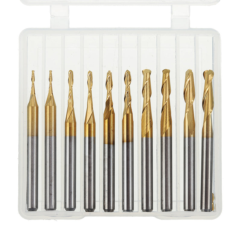 10pcs3.175mm Shank Titanium Coated Ball Nose End Milling Cutter Set 1mm-3.175mm CNC Milling Cutter