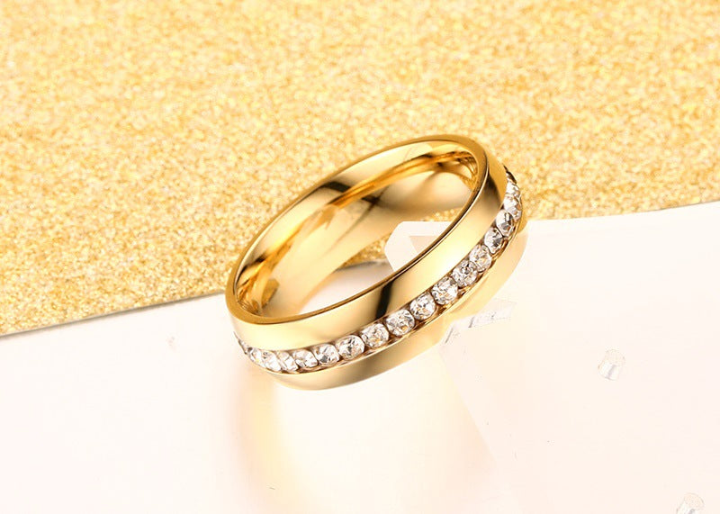 Titanium Steel Gold-plated Perimeter Crystal Stick Diamond Ring