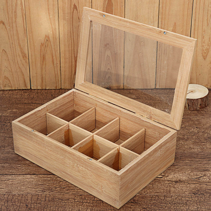 8 Compartments Wooden Tea Box Glass Top Lid Cover Container Teabags Display Storage Gift