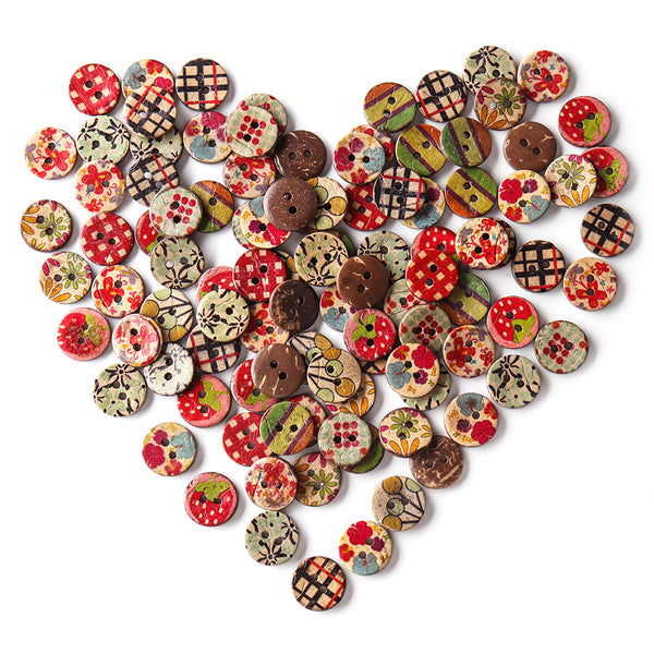 100 PCS Round Pattern Wooden Button Mixed 2 Hole Natural Sewing Children Handmade Clothes Buttons