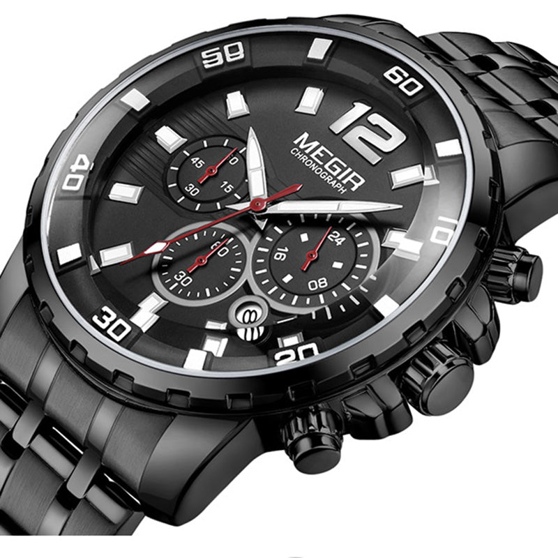 MEGIR 2068G Men Watch Luminous Display Chronograph Business Quartz Watch Stainless Steel Sport Watch