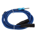 Universal 6.35mm 1/4inch TRS Male to 2 Dual XLR Male Mic Stereo Audio Converter Adapter Cable Cord 9.8Ft (Blue)