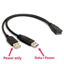 Black USB 3.0 Female to Dual USB Male Extra Power Data Y Extension Cable for 2.5" Mobile Hard Disk