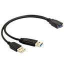 Black USB 3.0 Female to Dual USB Male Extra Power Data Y Extension Cable for 2.5" Mobile Hard Disk