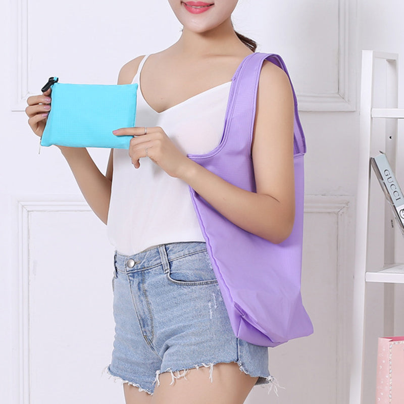 Solid Polyester Waterproof Shopping Bag Reusable Foldable Tote Shoulder Bag