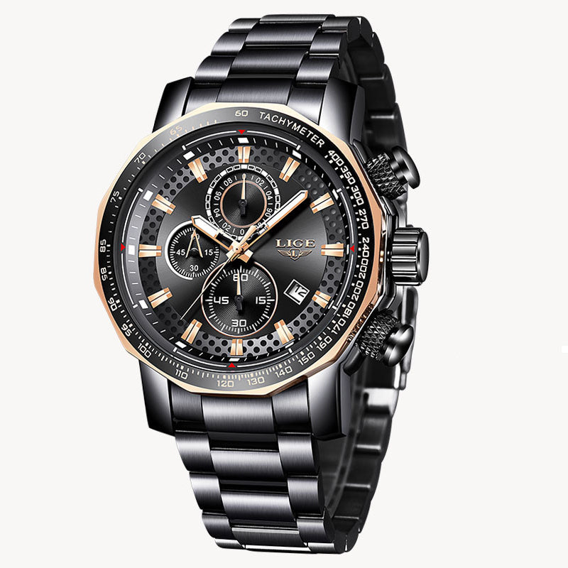LIGE 9902 Multifunction Chronograph Fashion Men Wrist Watch Waterproof Steel Case Quartz Watch