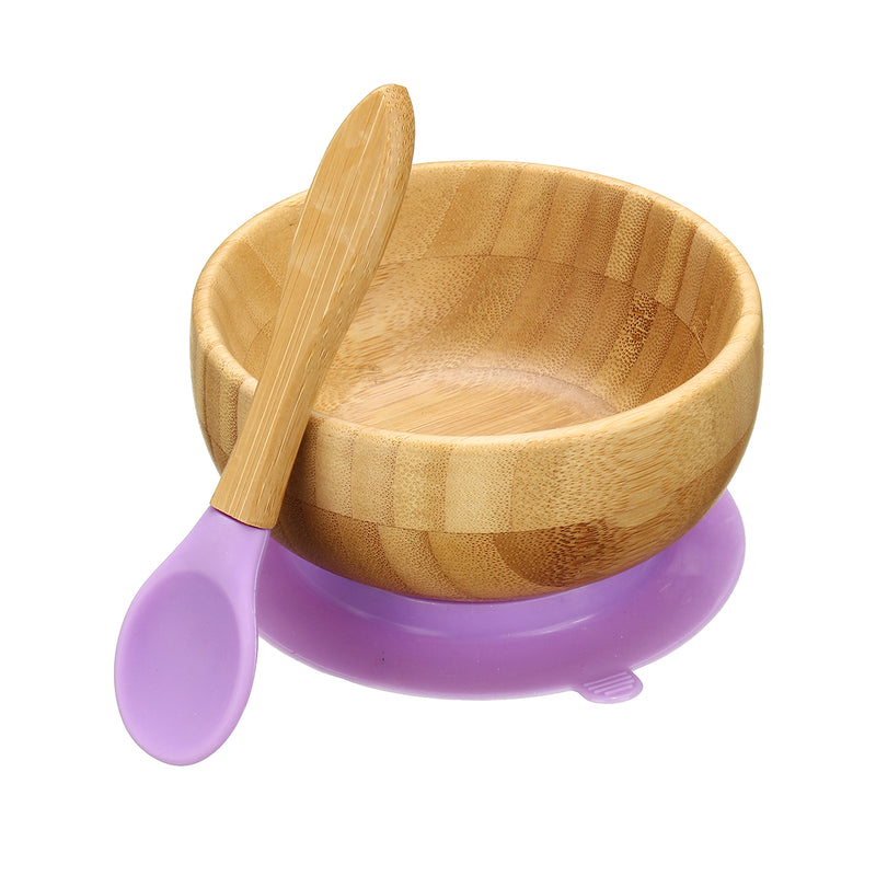Baby Bamboo Suction Bowl Plate and Matching Spoon Set Kids Put Feeding Bowl