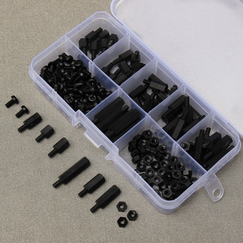 Suleve M3NH5 180Pcs M3 Nylon Screw Black Hex Screw Nut PCB Standoff Spacer Column Assortment Kit