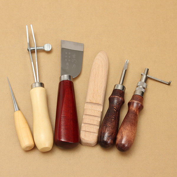 6pcs Wood Handle Leather Craft Tool Kit Leather Hand Sewing Tool Punch Cutter DIY Set