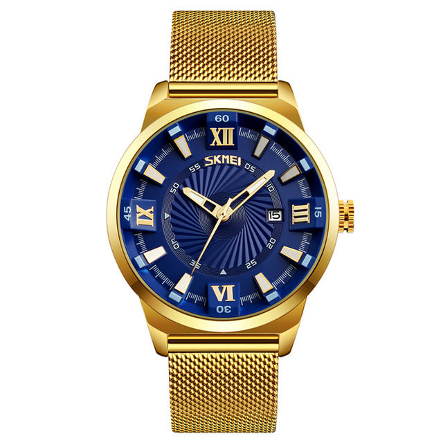 SKMEI 9166 Business Gold Stainless Steel Strap Date Display Waterproof Men Watch Quartz Watch