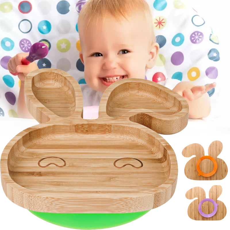 Baby Toddler Suction Plate Stay Put Feeding Plate Natural Bamboo Rabbit Shape Kids Bowl