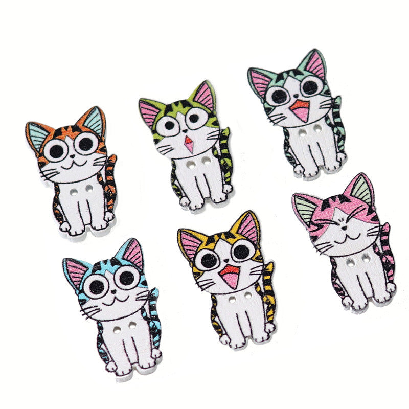 50PCS 21-26MM DIY Animal Wood Buttons Painted Cute Cat Hand-sewing Decorative Other Crafts Accessori