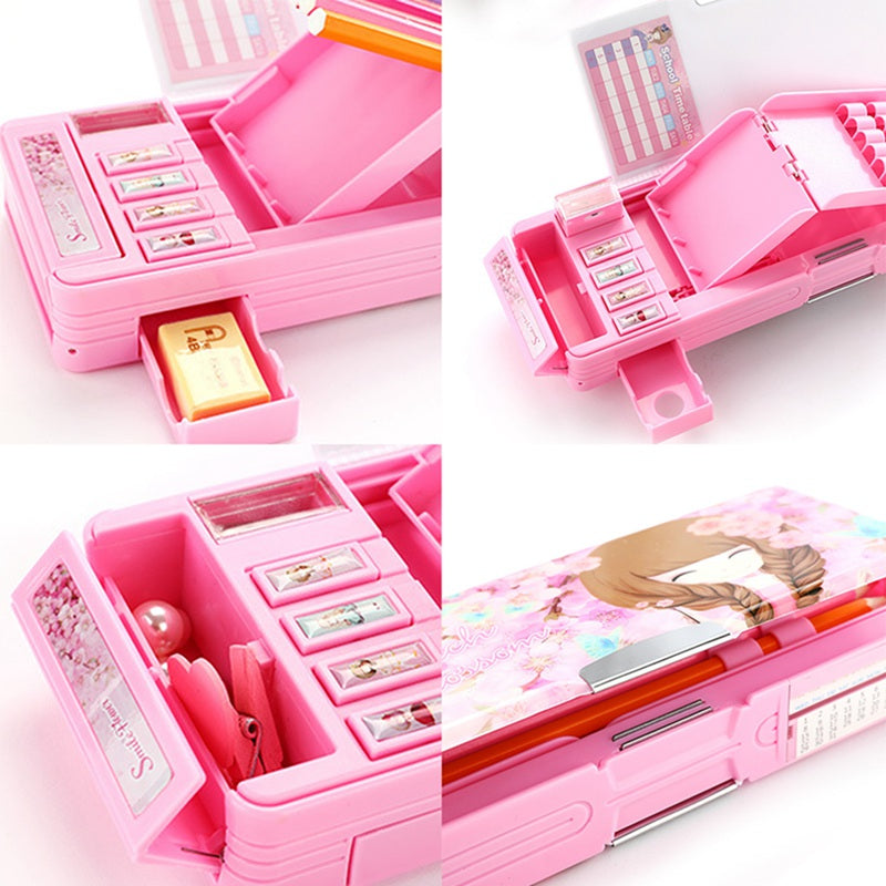 Plastic Cartoon Fancy Stationery Multi-function Pen Box 2 Layer Double Open Multi-layer Pencil Case Holder Students Gift Office School Supplies