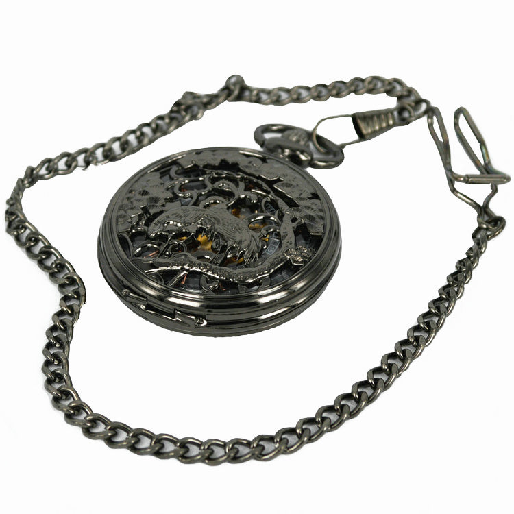 JIJIA JX014 Crane Pattern Hollow Black Bronze Mechanical Pocket Watch