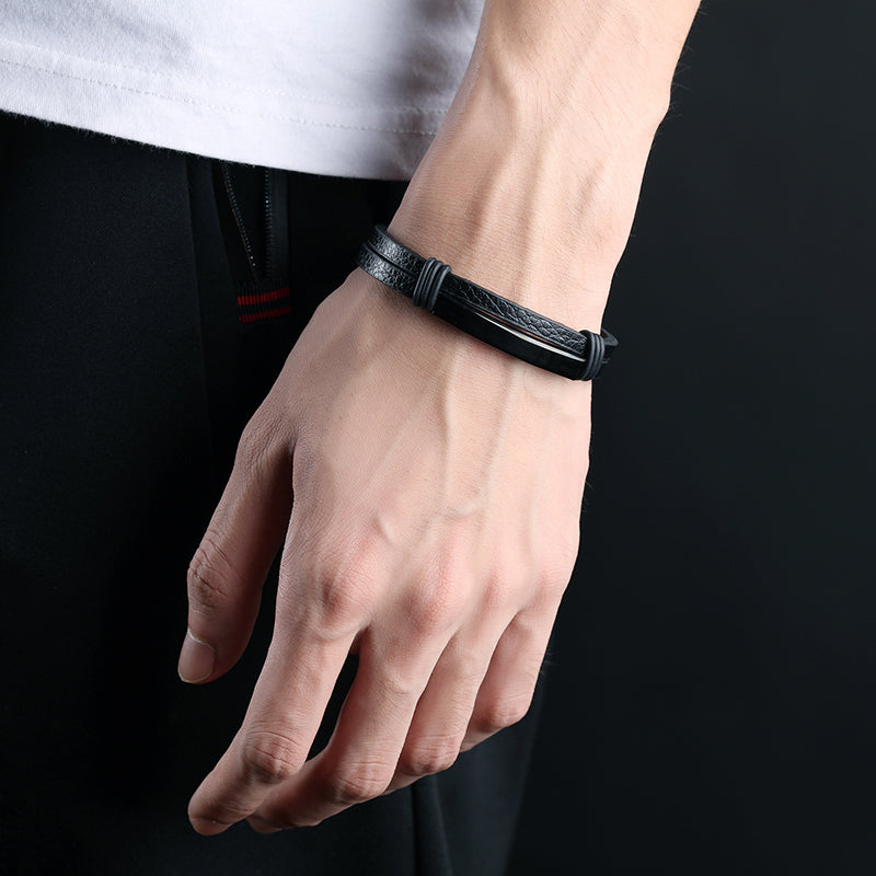 Double Black Stainless Steel Men's Leather Bracelet