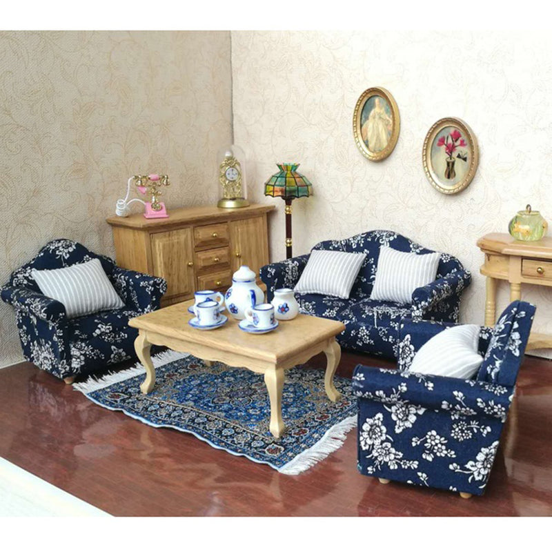 1/12 Wood Sofa Couch Cushions Set Dollhouse Living Room Furniture Accessories Decoration Dark Blue
