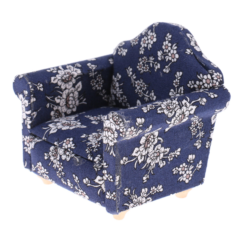 1/12 Wood Sofa Couch Cushions Set Dollhouse Living Room Furniture Accessories Decoration Dark Blue