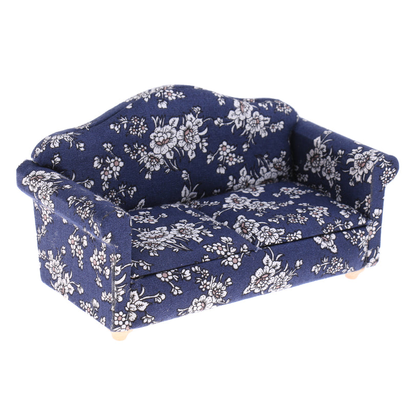 1/12 Wood Sofa Couch Cushions Set Dollhouse Living Room Furniture Accessories Decoration Dark Blue