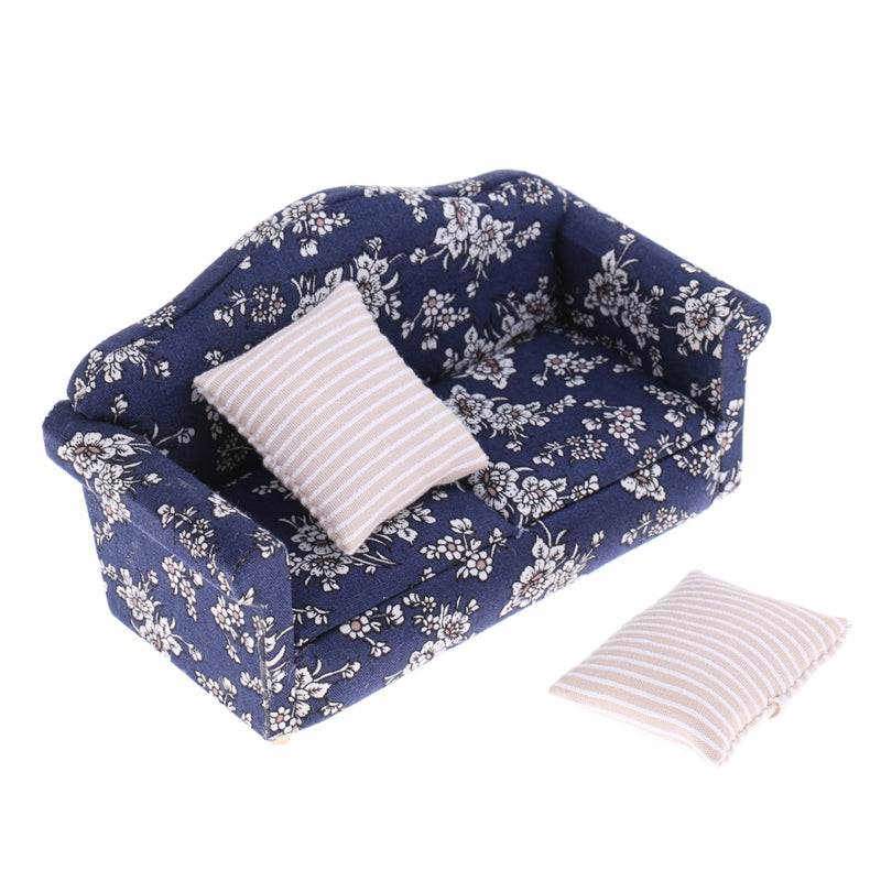 1/12 Wood Sofa Couch Cushions Set Dollhouse Living Room Furniture Accessories Decoration Dark Blue