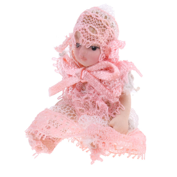 1/12 Scale Dollhouse Miniature People Figures Porcelain Baby Toddler Doll in Pink Lace Dress Rooms Accessories
