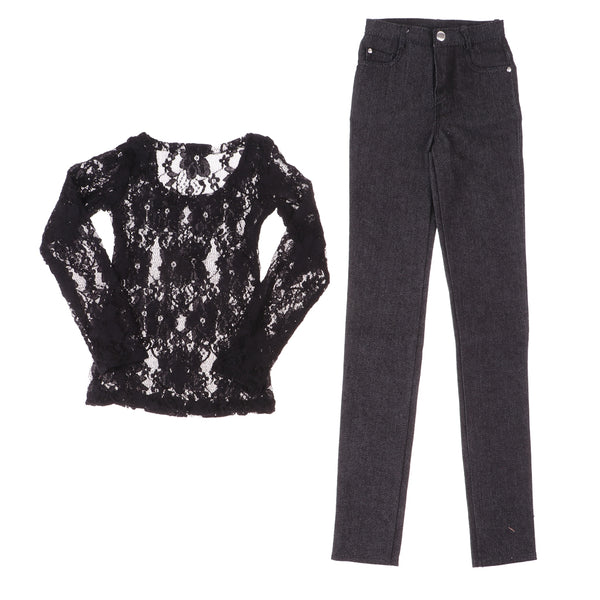 1/3 BJD Black Lace Top Tee Jeans Pants Set for Normal 70cm Uncle Size Dolls Clothes