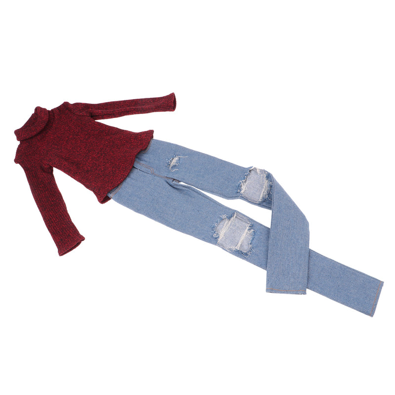 1/3 BJD Red Turtleneck Sweater Ripped Jeans Set for Normal 70cm Uncle Doll