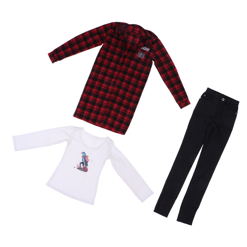 1/3 BJD Red Plaid Overcoat Tee Jeans Set for Normal 70cm Uncle Size Doll