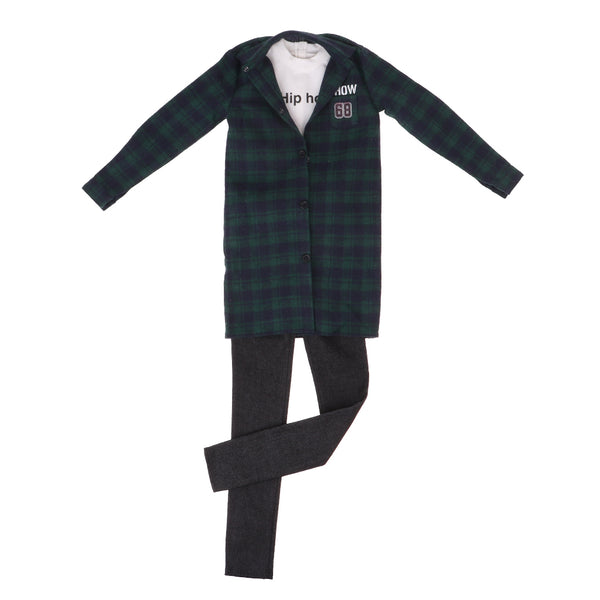 1/3 BJD Green Plaid Overcoat Tee Jeans Set for Normal 70cm Uncle Size Doll