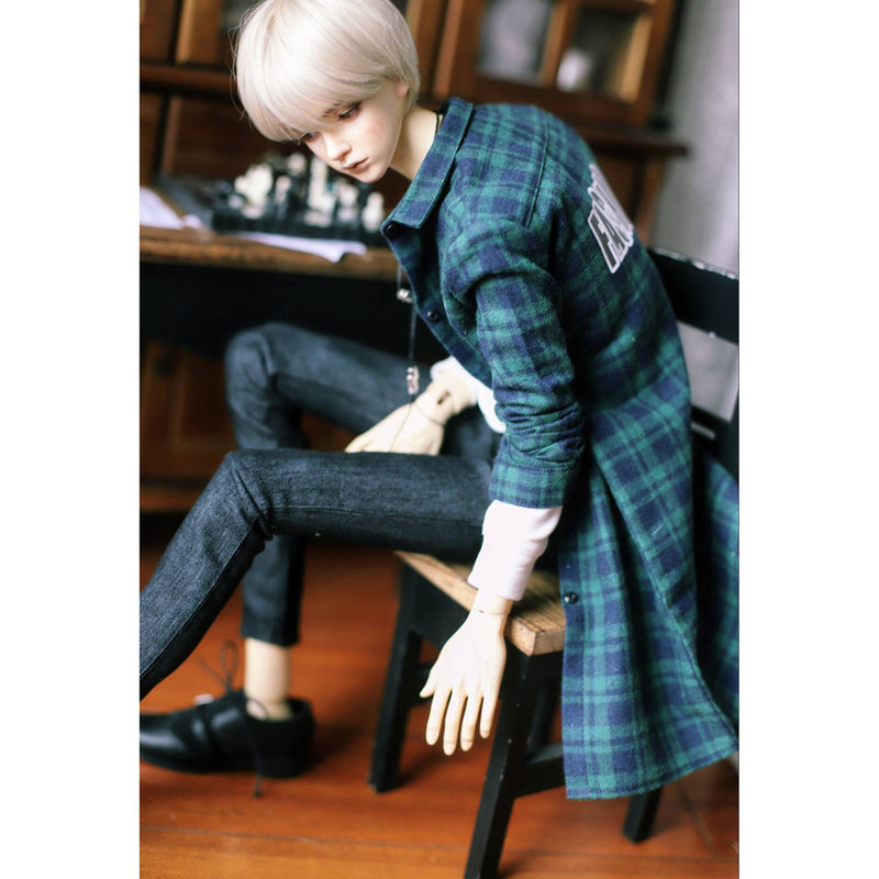1/3 BJD Green Plaid Overcoat Tee Jeans Set for Normal 70cm Uncle Size Doll