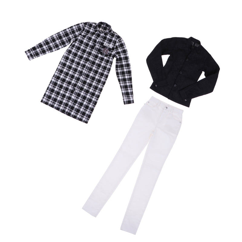 1/3 Male BJD Plaid Long Coat Shirt Jeans 3pcs Set for Normal 70cm Uncle Doll
