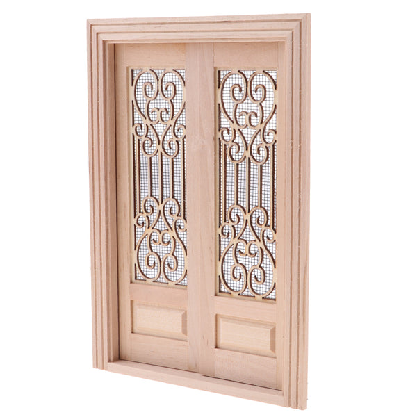 1/12 Dollhouse Miniature Wooden External Hollow Screen Double Door Unpainted Rooms DIY Items