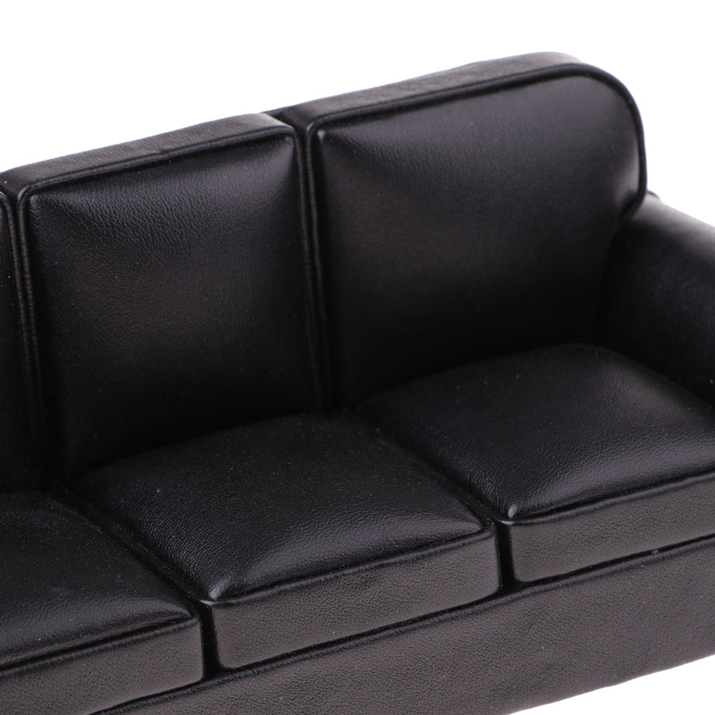 1/12 Scale Miniature Three-People Sofa Leather Couch Dolls House Drawing Room Furniture Kids Pretend Play Toy Black