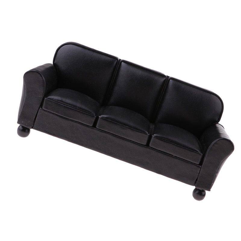 1/12 Scale Miniature Three-People Sofa Leather Couch Dolls House Drawing Room Furniture Kids Pretend Play Toy Black