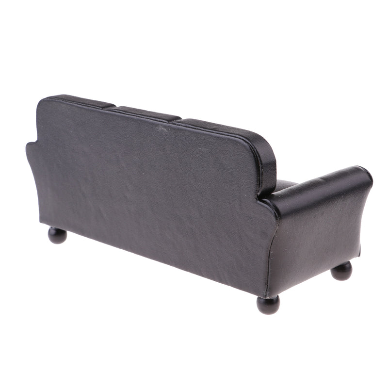 1/12 Scale Miniature Three-People Sofa Leather Couch Dolls House Drawing Room Furniture Kids Pretend Play Toy Black