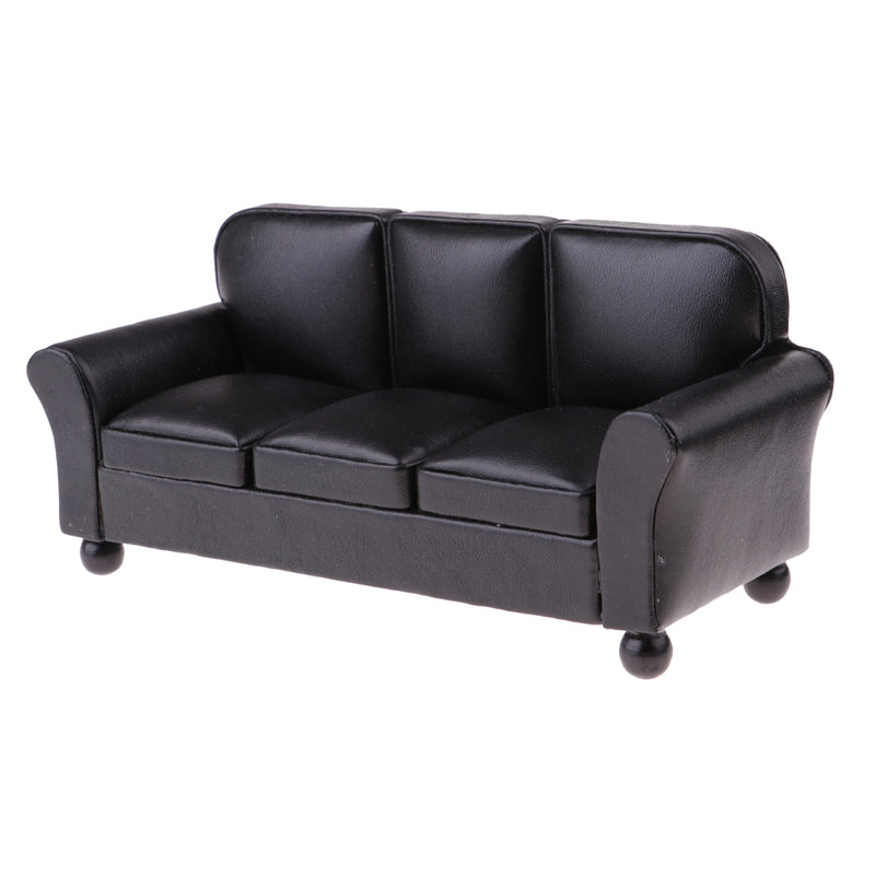 1/12 Scale Miniature Three-People Sofa Leather Couch Dolls House Drawing Room Furniture Kids Pretend Play Toy Black
