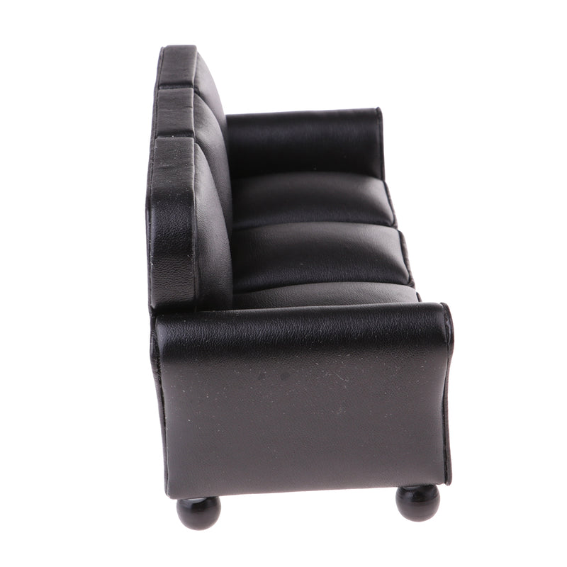 1/12 Scale Miniature Three-People Sofa Leather Couch Dolls House Drawing Room Furniture Kids Pretend Play Toy Black