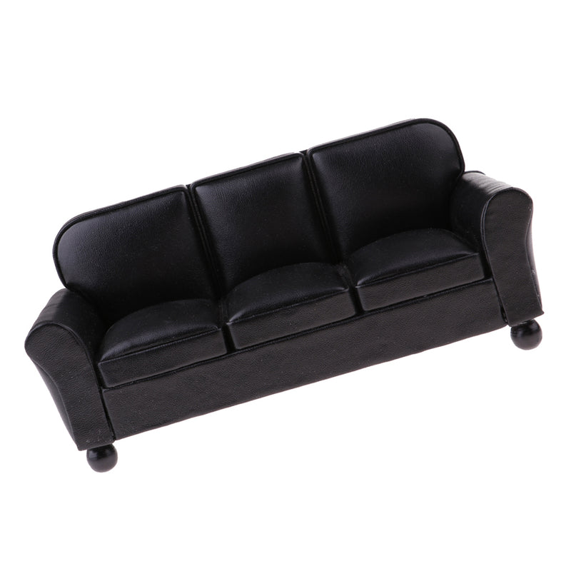 1/12 Scale Miniature Three-People Sofa Leather Couch Dolls House Drawing Room Furniture Kids Pretend Play Toy Black