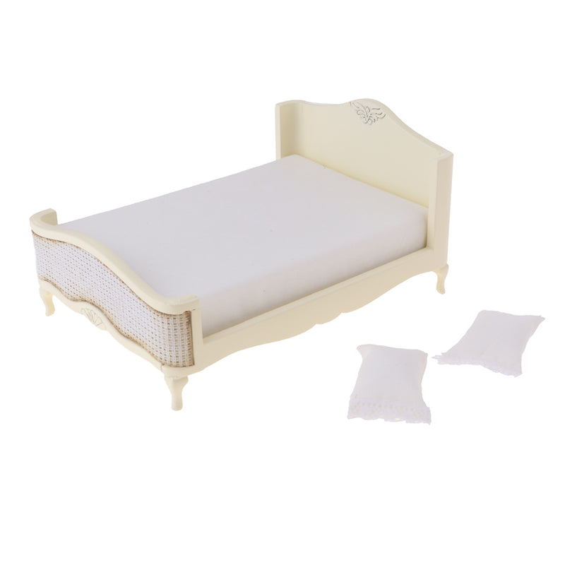 1/12 Miniature Wood Double Bed Mattress Pillow Set Dolls House Bedroom Furniture Kids Pretend Play Toy