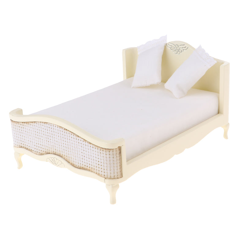1/12 Miniature Wood Double Bed Mattress Pillow Set Dolls House Bedroom Furniture Kids Pretend Play Toy