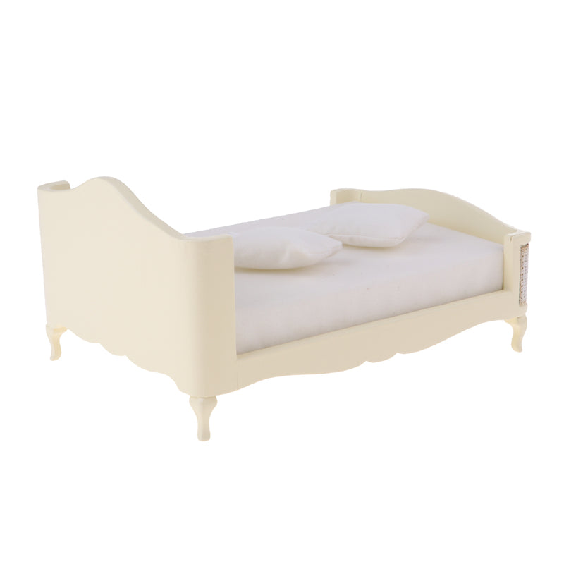 1/12 Miniature Wood Double Bed Mattress Pillow Set Dolls House Bedroom Furniture Kids Pretend Play Toy