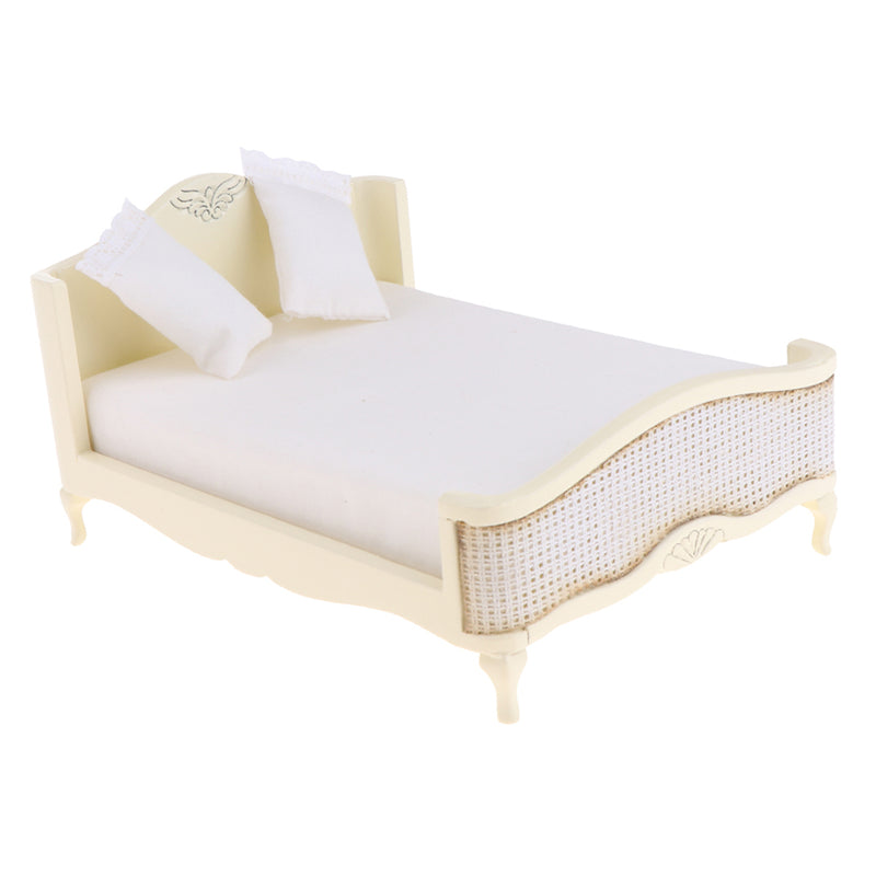 1/12 Miniature Wood Double Bed Mattress Pillow Set Dolls House Bedroom Furniture Kids Pretend Play Toy